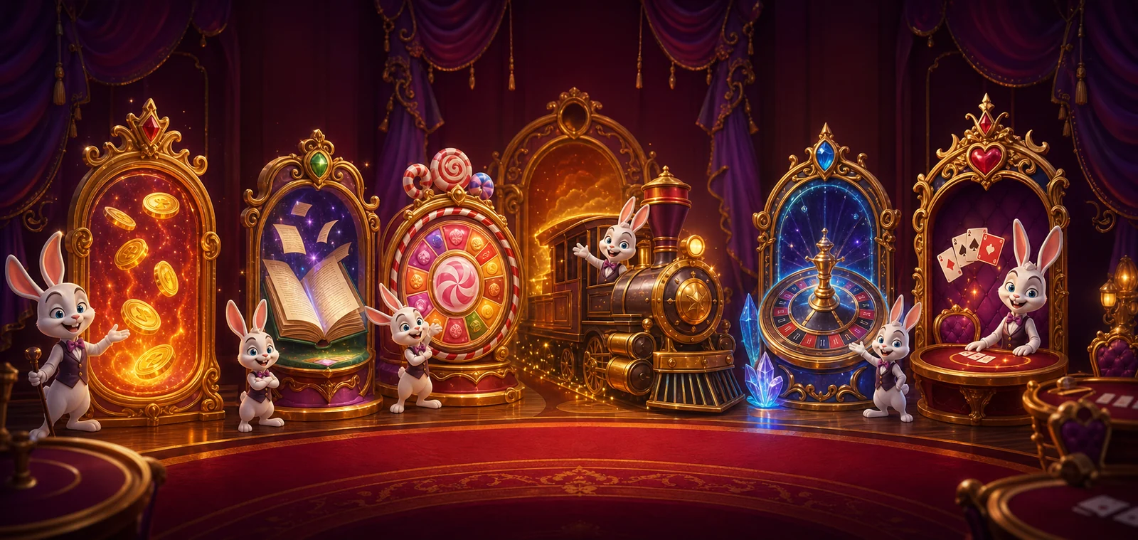 Magische Magius Casino-Galerie mit Slots, Roulette, Karten, Candy-Wheel und goldenem Zug